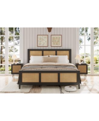 Rattan Boho Platform Bed Frame with Cane Headboard- Strong Metal Slat Support- Easy Assembly- No Box Spring Needed for Bedroom