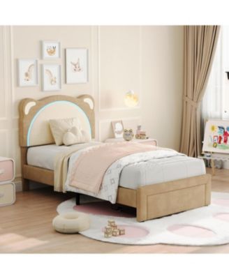 Upholstered Platform Bed Adjustable LED Headboard Storage Drawer Wooden Slats No Box Spring.