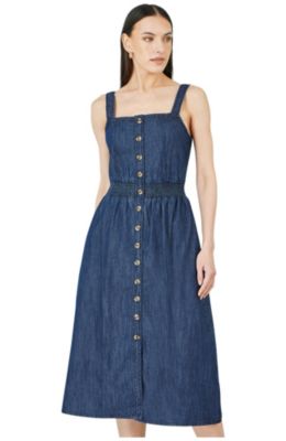 Women's Chambray Cotton Ruched Midi Sun Dress