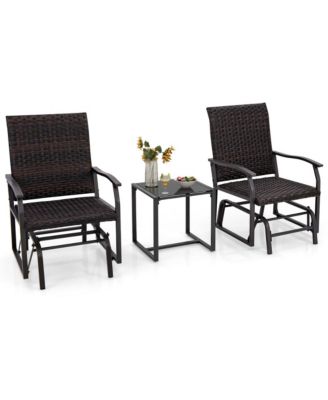 3 PCS Patio Gliding Set Wicker Swing Glider Furniture Set  Tempered Glass Coffee Table