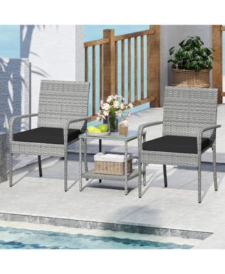3 Pieces Patio Furniture Set PE Rattan Porch Chairs w/ 2-Tier Table