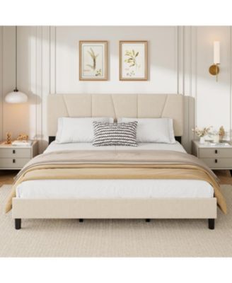 California King Size Platform Bed Frame with 3-Level Adjustable Headboard, Linen Upholstered Bedframe with Noise-Free Slats