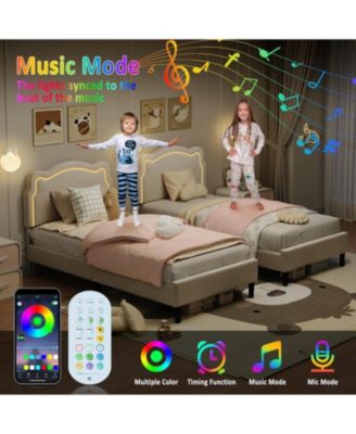 Upholstered Bed Frame with Smart LED and Adjustable Bear Headboard, Velvet Princess Platform Bed, Wooden Slats Support Kids Bed