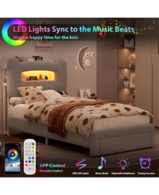 LED Bed Frame with Drawer Upholstered Storage Headboard Charging Station Noise-Free Low Profile.
