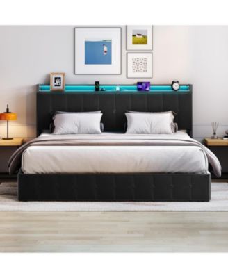  Bed Frame Lift-Up Storage LED Lights Upholstered Velvet Charging Headboard Metal Frame Wooden Slats No Box Spring