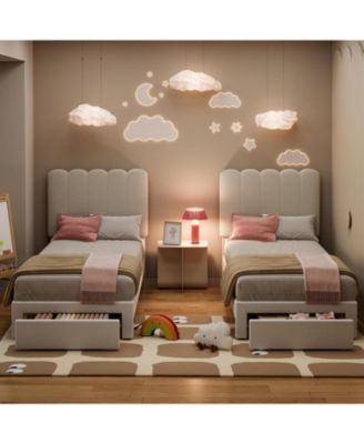 Bed Frame Storage Headboard Drawer Velvet Upholstered Platform Wooden Slats Easy Assembly Noise-Free.