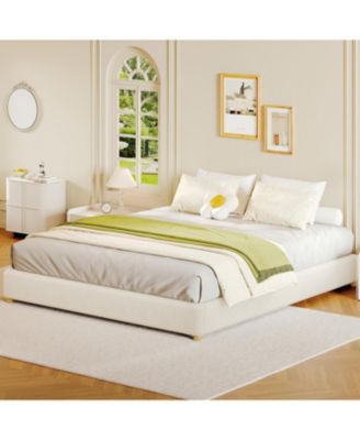 Cloud Bed Frame，Teddy Fleece Low Bed Frame Without Headboard, Thick Boucle Fabric Upholstered Platform Bed, Solid Wood Legs