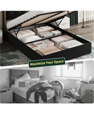 Queen Size Lift Up Storage Bed Frame with with Gold Wingback Headboard, Velvet Upholstered Bed Frame with Diamond Tufted Design & Gold Trim