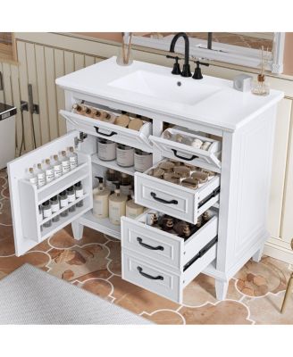 36" Bathroom Vanity with Ceramic Sink, Flip Drawers and Adjustable Shelf