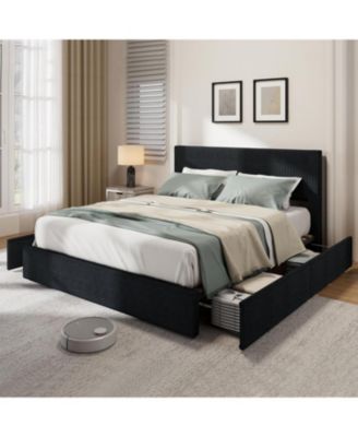  Upholstered Platform Bed with 4 Storage Drawers- Corduroy Wingback Headboard- Wood Slat Support- No Box Spring Needed