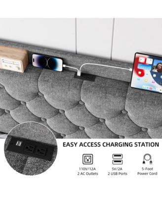  Upholstered Bed Frame Wingback Headboard Linen Deep Button Tufted Storage Shelf Charging USB No Noise Box Spring Optional