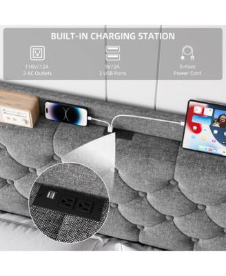  Upholstered Bed Frame Wingback Headboard Linen Deep Button Tufted Storage Shelf Charging USB No Noise Box Spring Optional