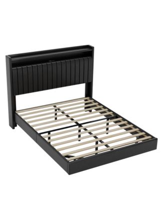 Floating Bed Frame Queen RGB LED Lights Charging Station 50” Leather Headboard Upholstered Storage No Box