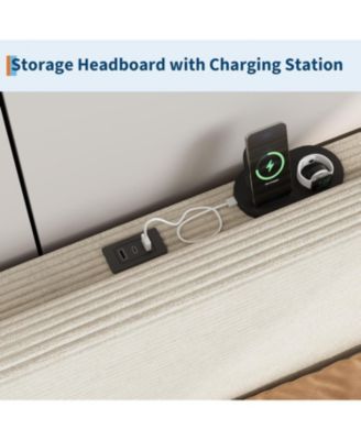 Queen Size Bed Frame with USB Charging Station, Corduroy Upholstered Platform Bed Frame with Adjustable Storage Headboard, Wooden Slats Support