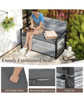 Patio Storage Bench Wicker Loveseat w/ Built-in Storage & Long Seat Cushion Outdoor