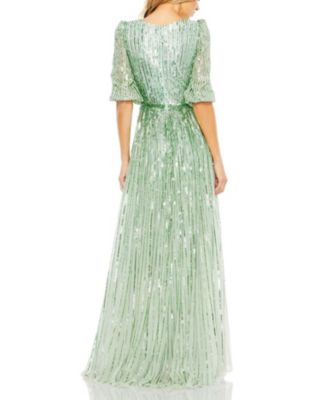 Women's Sequined Wrap Over 3/4 Sleeve Gown