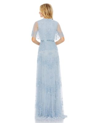 Women's Sequined High Neck Flutter Sleeve A Line Gown