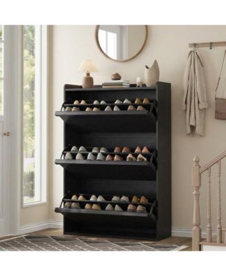Shoe Cabinet with 3 Flip Drawers, Narrow Cabinet with Adjustable Shelves, Modern Wooden Shoe Organizer with Hidden Handle for Entryway