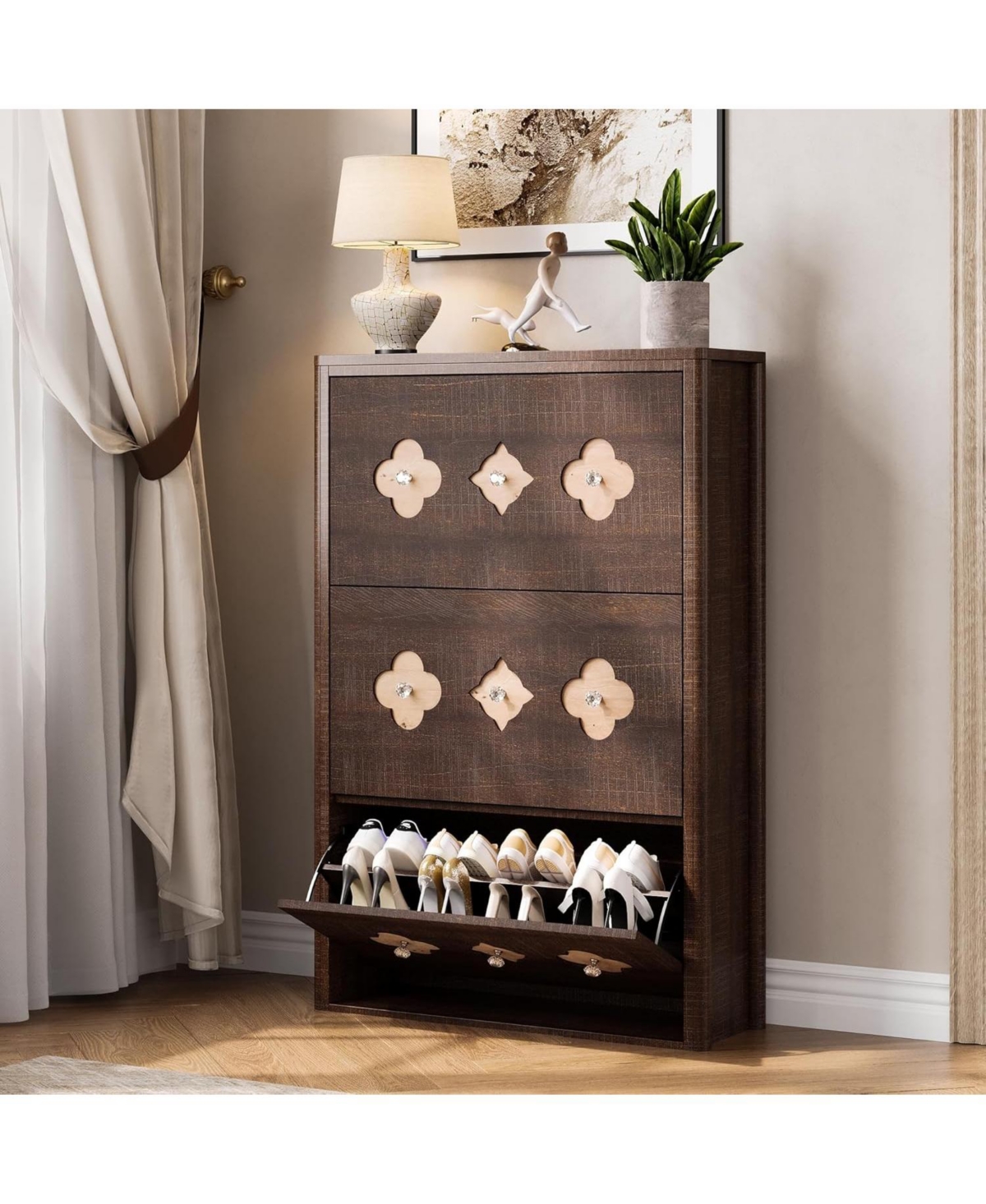 Gaomon Shoe Cabinet with 3 Flip Drawers, Slim Hidden Wood Shoe Cabinet with Adjustable Shelves, Flower Pattern, Diamond Handle, Narrow Organizer