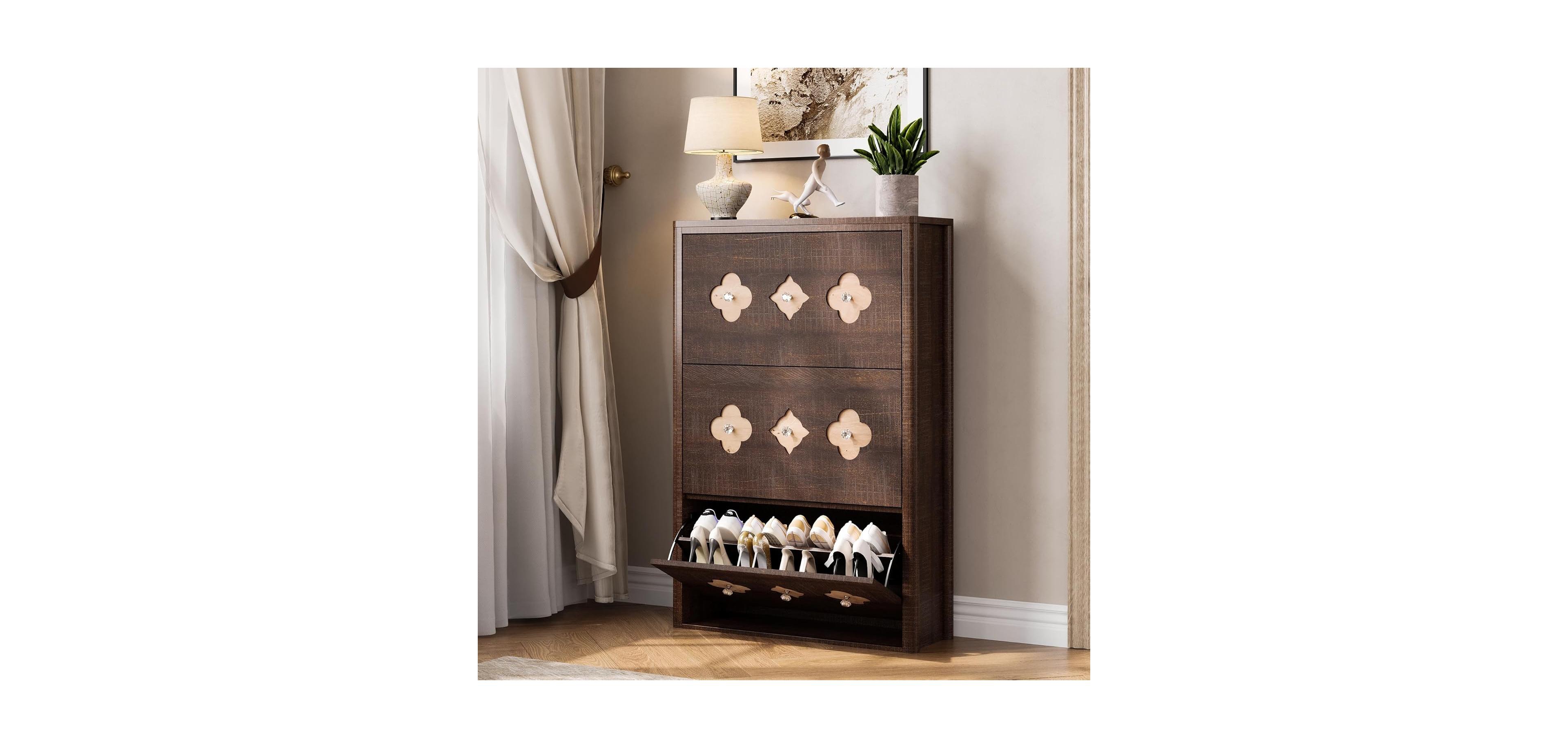 Gaomon Shoe Cabinet with 3 Flip Drawers, Slim Hidden Wood Shoe Cabinet with Adjustable Shelves, Flower Pattern, Diamond Handle, Narrow Organizer