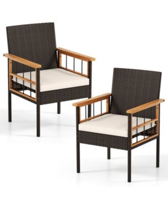 Set of 4 Patio Dining Chairs w/ Removable Padded Cushion Acacia Wood Armrests