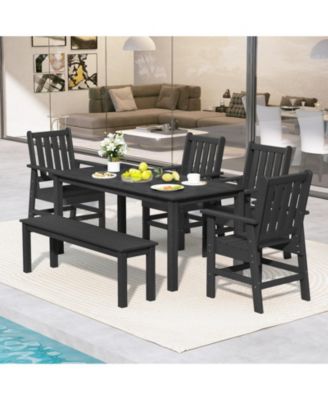 6PCS Patio Dining Bench Set Outdoor HDPE Weather Resistant Table & Chairs Set