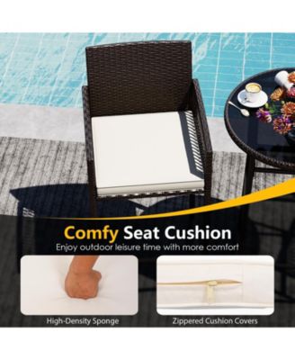 3 Piece Wicker Patio Bar Set w/ 2 Seat Cushions Glass Tabletop for Backyard