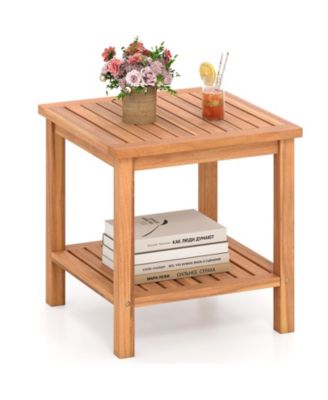 2PCS 2-Tier Patio Acacia Wood Side Table w/ Slatted Tabletop Storage Shelf