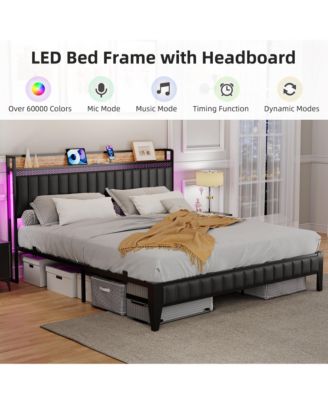 Queen Bed Frame Led Light Charging Station Upholstered Platform Storage Headboard Metal Slat Easy Assembly Noise Free Black