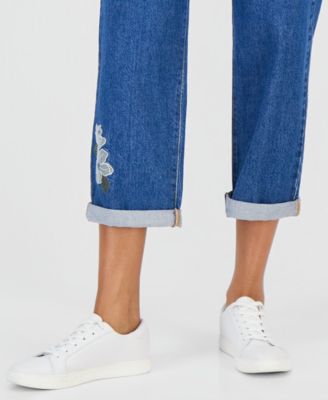 Women's Embroidered Mid Rise Relaxed Straight-Leg Jeans