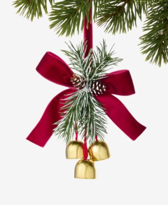 Holiday Toile Bells with Needle Leaf and Bow Ornament
