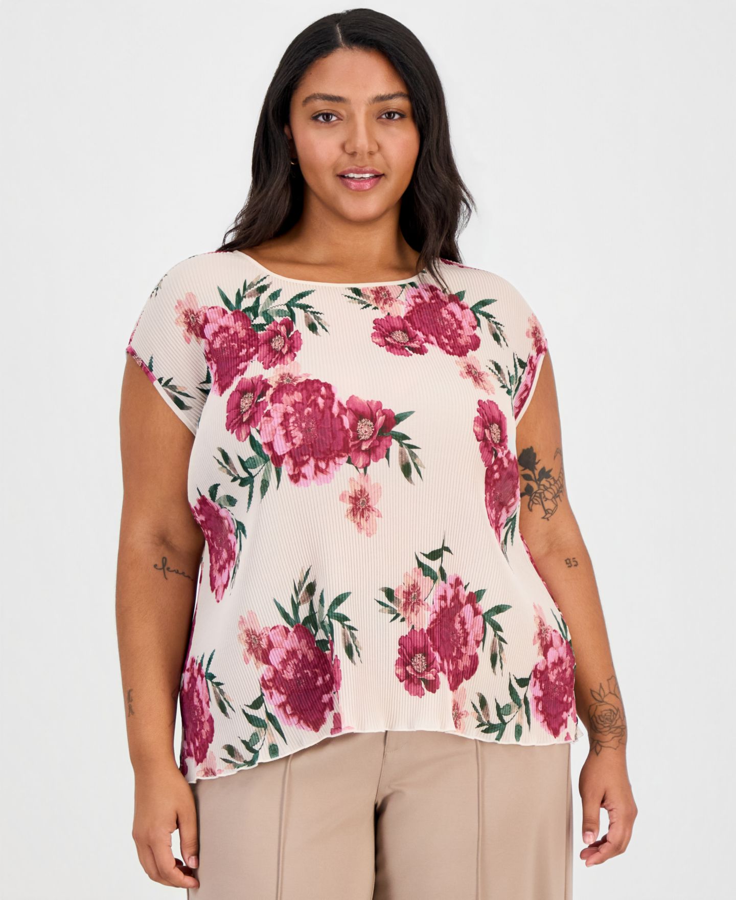 Женский топ Tahari ASL Plus Size Plissé Floral-Print, цвет: Песочный ягодный с принтом — фото 1