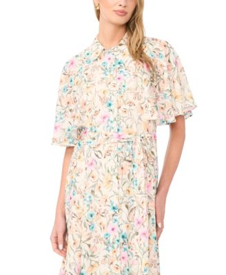 Women's Flutter-Sleeve Princess Seam Button-Up Shirt-Dress