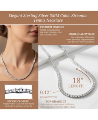 Elegant Sterling Silver 3MM Cubic Zirconia Tennis Necklace