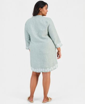 Plus Size 100% Linen Y-Neck Corded Trim Mini Dress