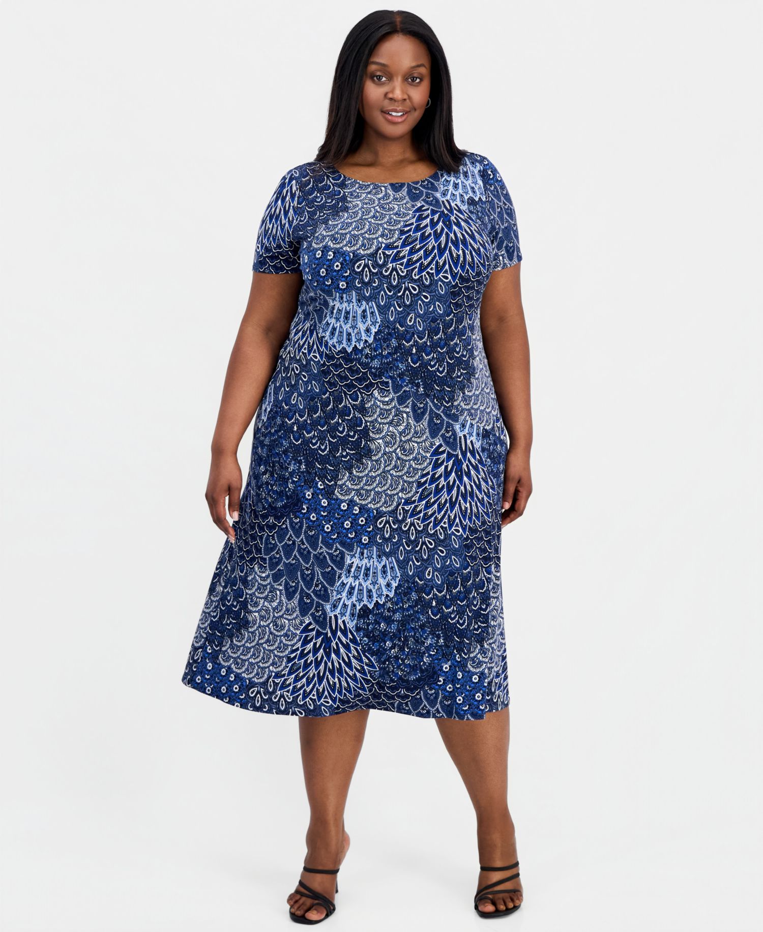 Plus Size Printed Round-Neck A-Line Dress