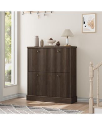 Fluted Shoe Cabinet with 2 Flip Drawers Narrow Cabinet with Adjustable Shelves and Elegant Handles Wooden Shoe Organizer for Entryway Hallway