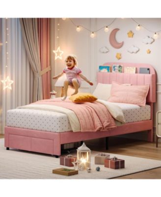 Set of 2 Bed Frame for Kids - Velvet Upholstered Platform Bed with Storage Bookcase Headboard & Large Drawer, Girls Bed, Noise-Free