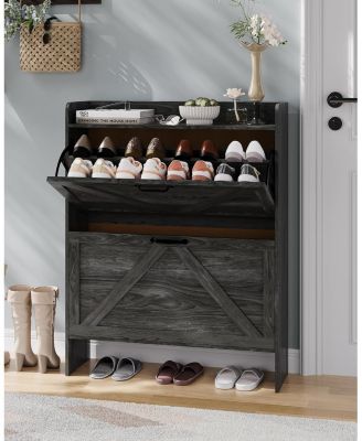 Narrow Shoe Cabinet with 2 Flip Drawers Freestanding Hidden Shoe Rack for Entryway Bedroom and Hallway