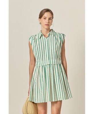 Women's Striped Pleated Shoulder Shirt Mini Dress