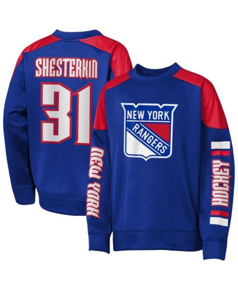 Детская толстовка Outerstuff Igor Shesterkin Blue New York Rangers Best Defense Name & Number Crewneck