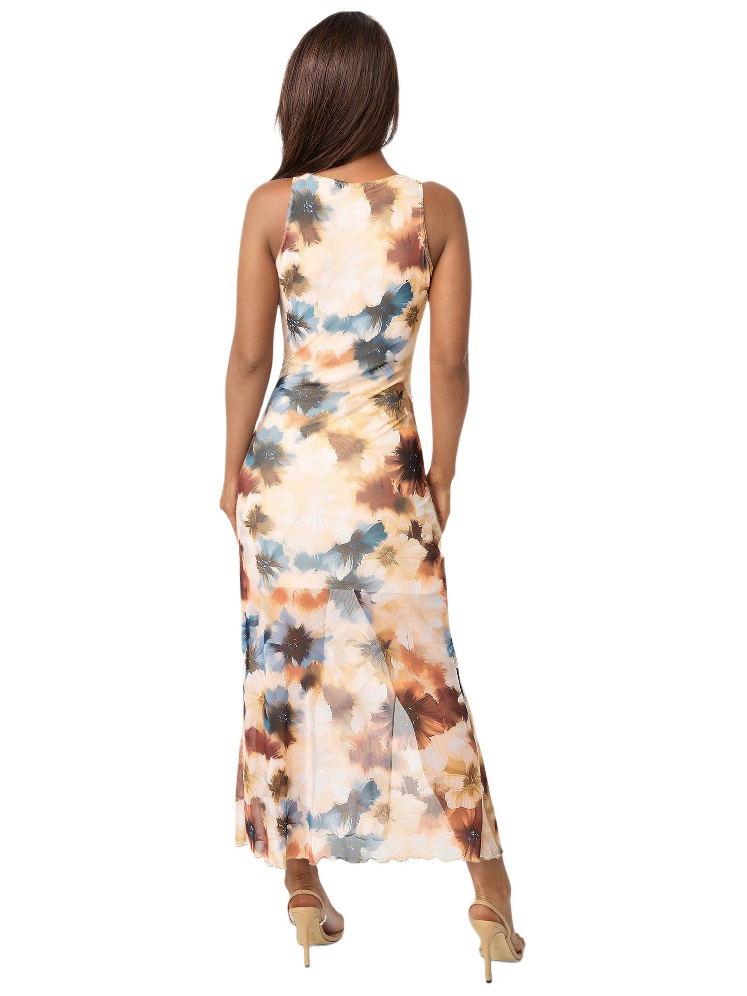 Womens Printed Powermesh Side Shirred Maxi Dress