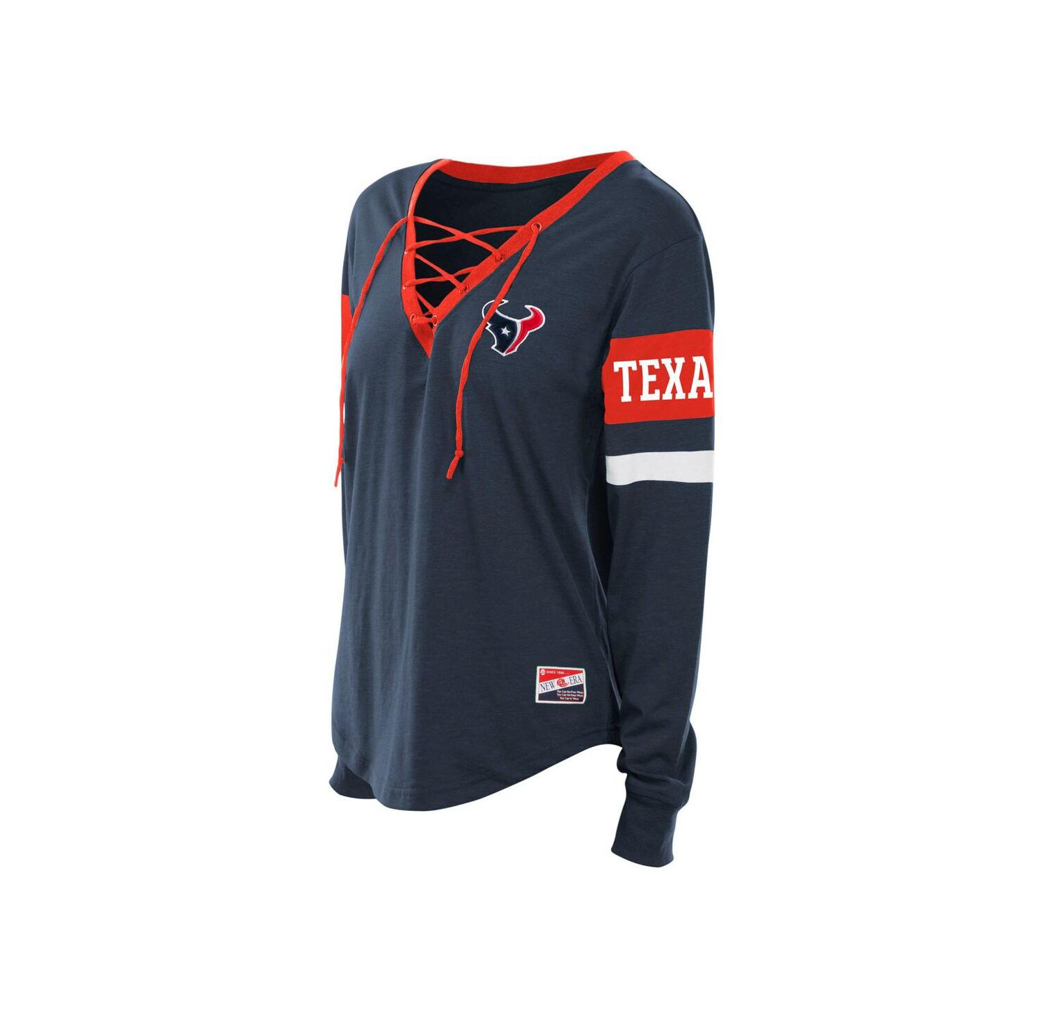 Women's Navy Houston Texans Plus Size Throwback Lace-Up Long Sleeve T-Shirt