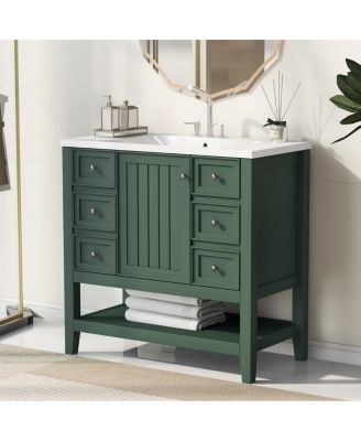 36" Bathroom Vanity with Ceramic Sink, Solid Wood Cabinet, 3 Drawers & Adjustable Shelf for Modern Bathrooms