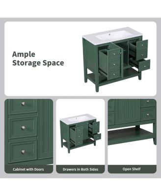 36" Bathroom Vanity with Ceramic Sink, Solid Wood Cabinet, 3 Drawers & Adjustable Shelf for Modern Bathrooms