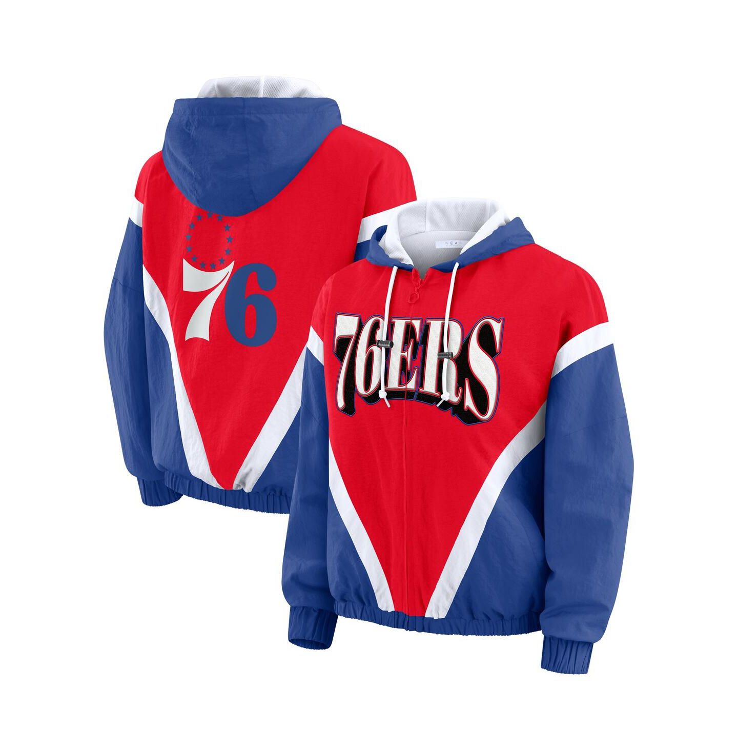 Женские худи WEAR by Erin Andrews Red/Royal Philadelphia 76ers Color Block Full-Zip Windbreaker Jacket — фото 1