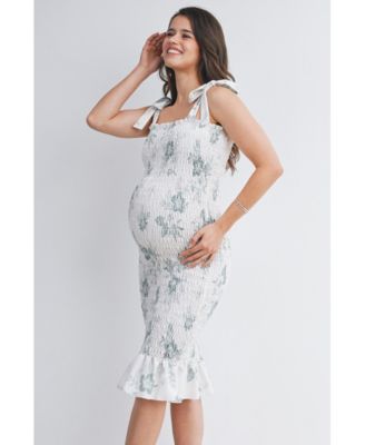 Maternity Bodycon Floral Smocked Midi Dress with Adjustable Tie Straps