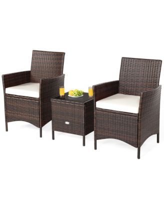3PCS Outdoor Rattan Conversation Set Patio Furniture Set w/ White Cushions