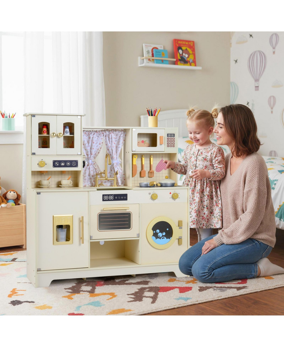 Slickblue Kids Wooden Kitchen Playset with 14-Piece Accessory Set