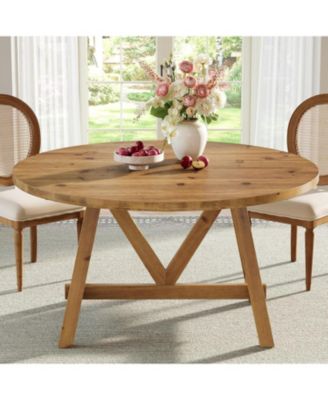 Solid Wood Dining Table for 4-6, Farmhouse Round Kitchen Table, Brown